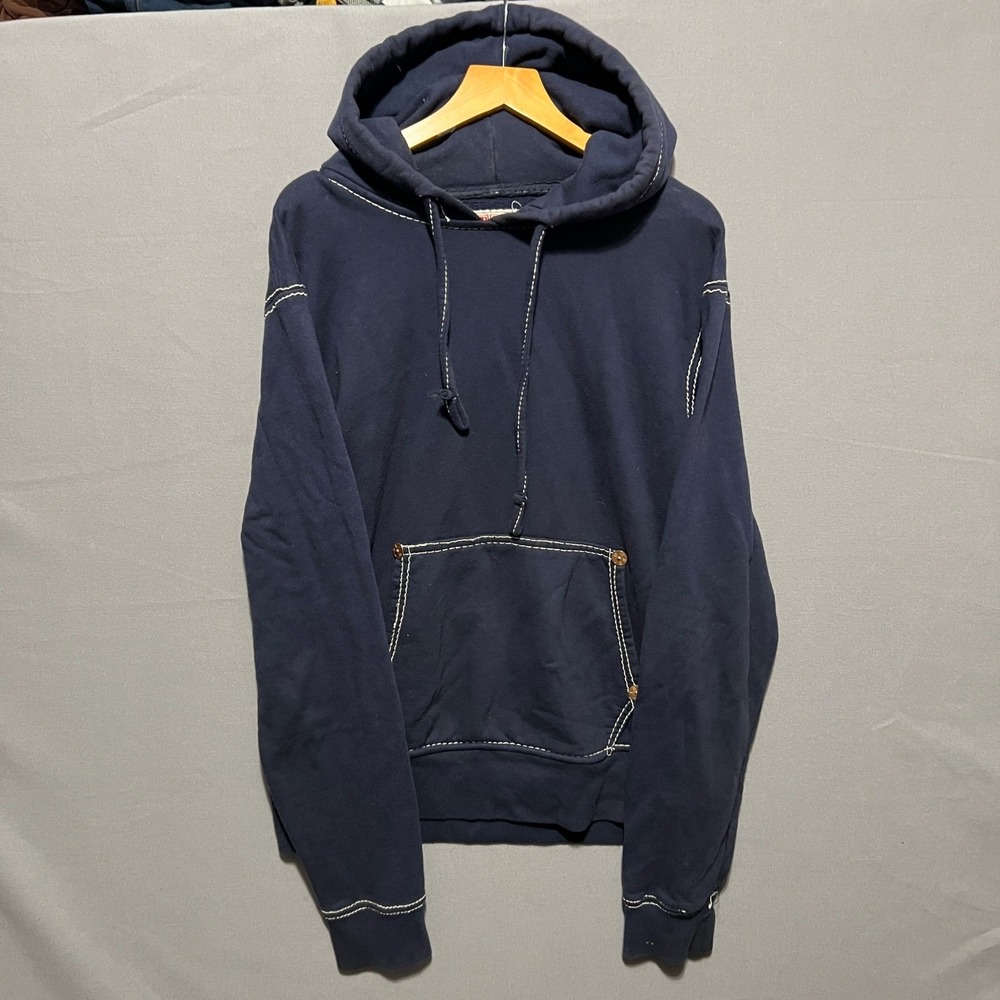 True Religion Mens XL Big T Pullover Hoodie Navy Blue Contrast Stitch Graphic